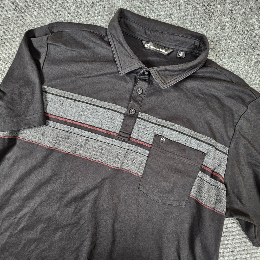 TravisMathew Mens XL Polo Shirt Black Striped Pima Cotton Blend Chest Pocket